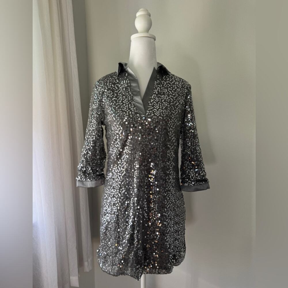 Vintage Y2K Once Again Silver Sequined 3/4 Sleeve Collared Mini Dress